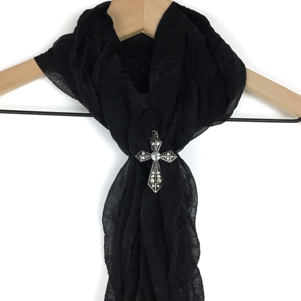 CATO Scarf Cross Slide Charm Metal Stretchy Gauzy Sheer Rhinestones Minimalist